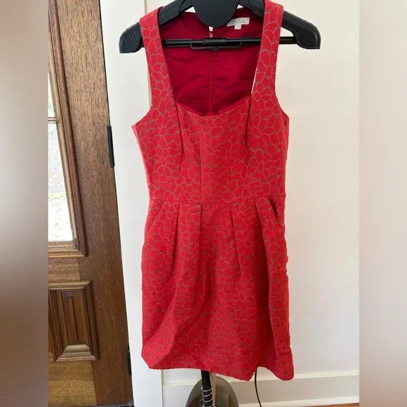 Shoshanna Red Jacquard Scoop Neck Fit & Flare Mini Dress - Picture 2 of 4